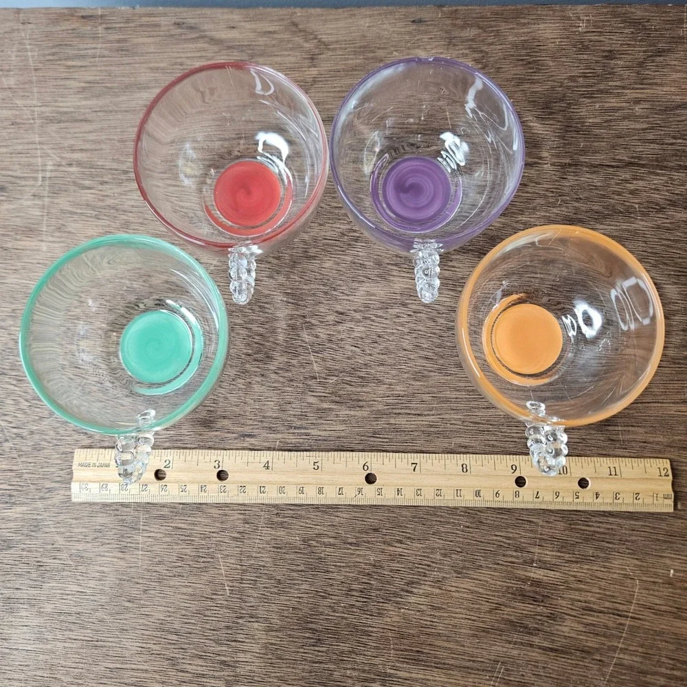 Set of 4 Hand Blown Glass Tea Cups Hobnail‎ Handles Multicolor Base Bohemian Vtg